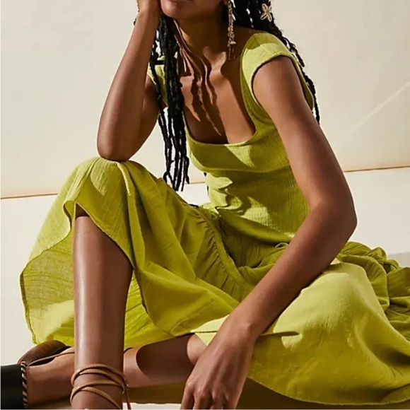 Free People Free-est Traveler Midi Square Neck Dress in Lime green Fits M - Picture 15 of 16